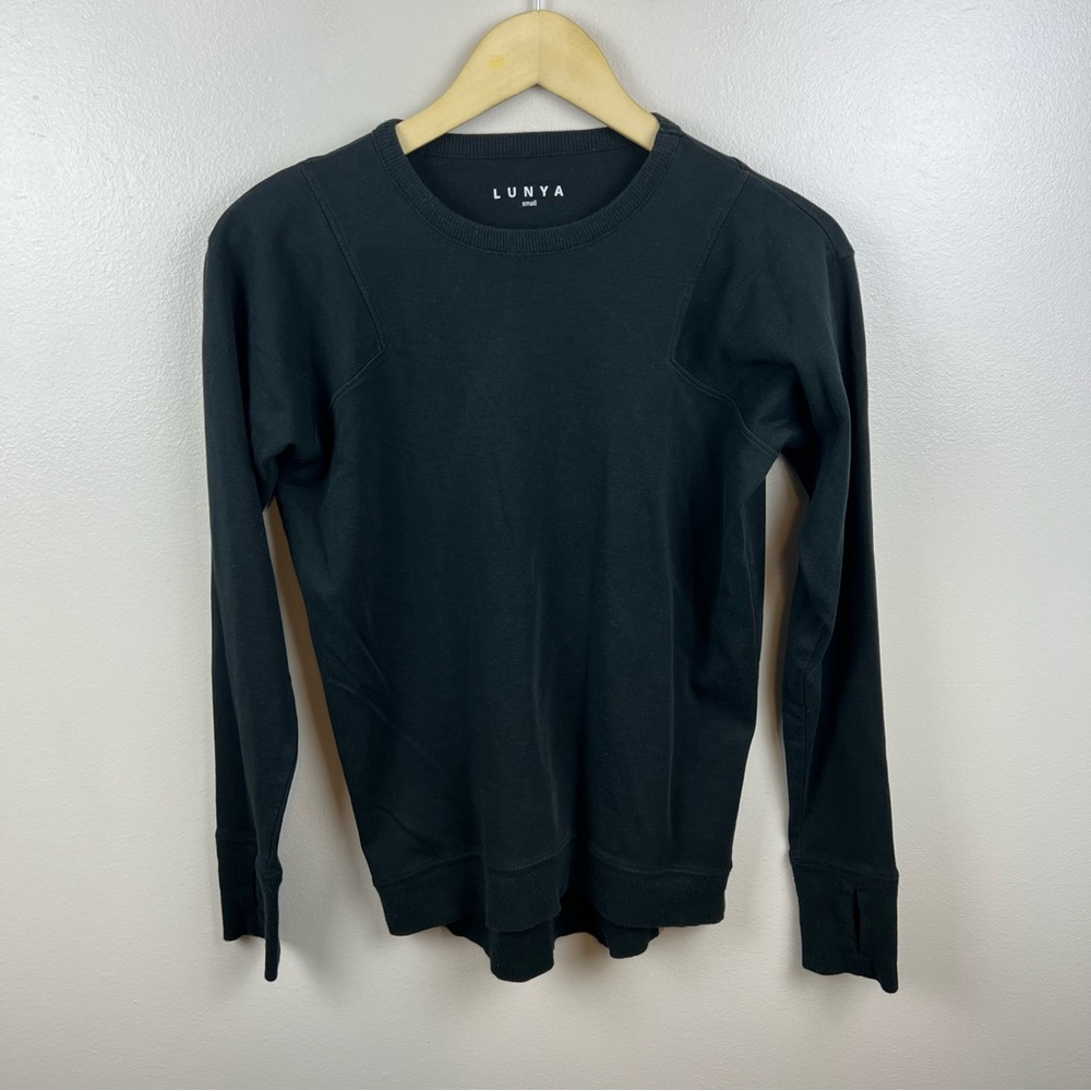 Lunya Pima Long Sleeve Crew T-shirt Womens Size Small Black Thumbholes Lounge - Picture 1 of 10